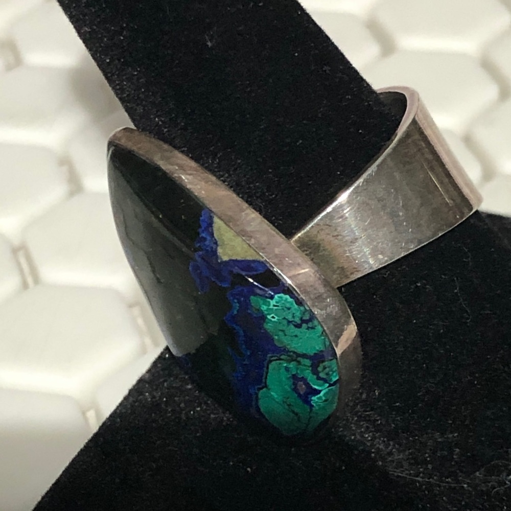 Azurite Malachite Teardrop Gem Stone Sterling Silver Statement Ring size 11 - Picture 3 of 13